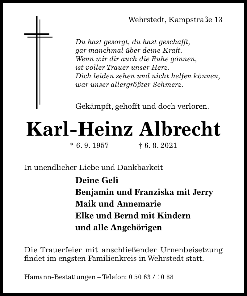  Traueranzeige für Karl-Heinz Albrecht vom 11.08.2021 aus Hildesheimer Allgemeine Zeitung