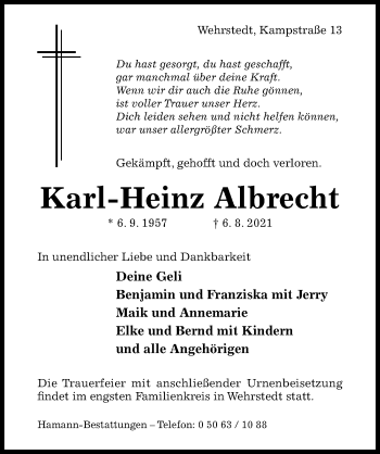 Traueranzeige von Karl-Heinz Albrecht von Hildesheimer Allgemeine Zeitung