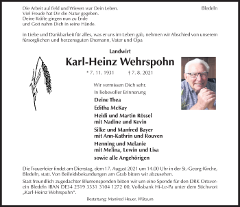 Traueranzeige von Karl-Heinz Wehrspohn von Hildesheimer Allgemeine Zeitung