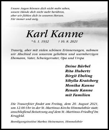 Traueranzeige von Karl Kanne von Hildesheimer Allgemeine Zeitung