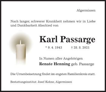 Traueranzeige von Karl Passarge von Hildesheimer Allgemeine Zeitung