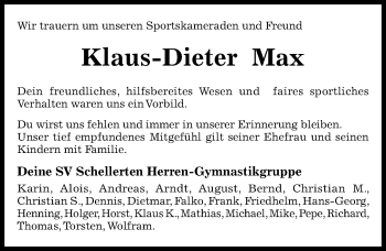 Traueranzeige von Klaus-Dieter Max von Hildesheimer Allgemeine Zeitung