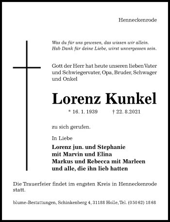 Traueranzeige von Lorenz Kunkel von Hildesheimer Allgemeine Zeitung