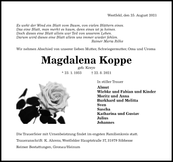 Traueranzeige von Magdalena Koppe von Hildesheimer Allgemeine Zeitung