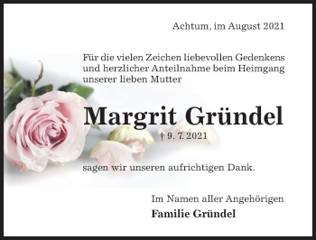 Traueranzeige von Margrit Gründel von Hildesheimer Allgemeine Zeitung