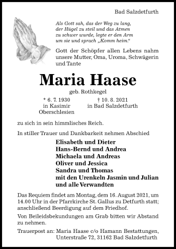 Traueranzeige von Maria Haase von Hildesheimer Allgemeine Zeitung