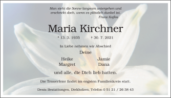 Traueranzeige von Maria Kirchner von Hildesheimer Allgemeine Zeitung