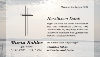 Traueranzeige von Maria Köhler von Hildesheimer Allgemeine Zeitung