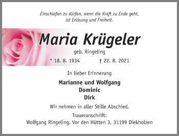 Traueranzeige von Maria Krügeler von Hildesheimer Allgemeine Zeitung