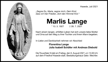 Traueranzeige von Marlis Lange von Hildesheimer Allgemeine Zeitung