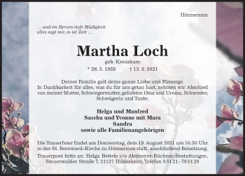 Traueranzeige von Martha Loch von Hildesheimer Allgemeine Zeitung