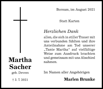 Traueranzeige von Martha Sacher von Hildesheimer Allgemeine Zeitung