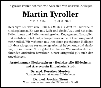 Traueranzeige von Martin Tyroller von Hildesheimer Allgemeine Zeitung