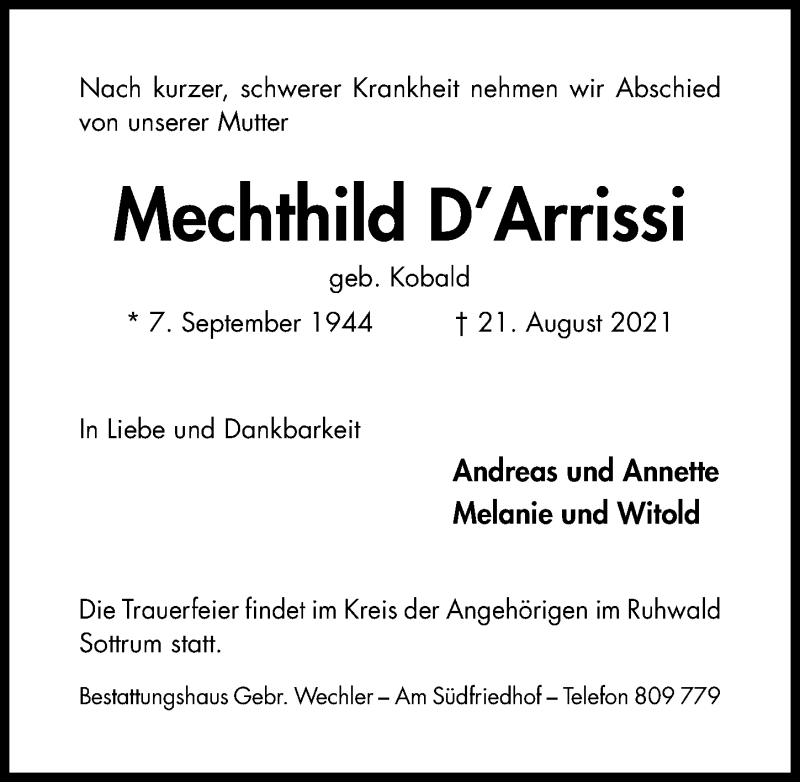  Traueranzeige für Mechthild D’Arrissi vom 25.08.2021 aus Hildesheimer Allgemeine Zeitung