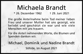 Traueranzeige von Michaela Brandt von Hildesheimer Allgemeine Zeitung