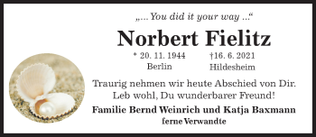 Traueranzeige von Norbert Fielitz von Hildesheimer Allgemeine Zeitung