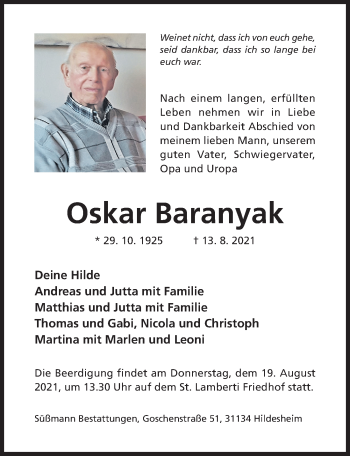 Traueranzeige von Oskar Baranyak von Hildesheimer Allgemeine Zeitung