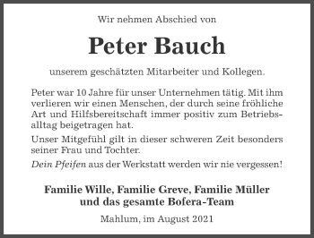 Traueranzeige von Peter Bauch von Hildesheimer Allgemeine Zeitung