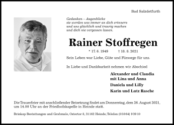 Traueranzeige von Rainer Stoffregen von Hildesheimer Allgemeine Zeitung