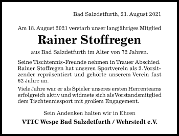 Traueranzeige von Rainer Stoffregen von Hildesheimer Allgemeine Zeitung