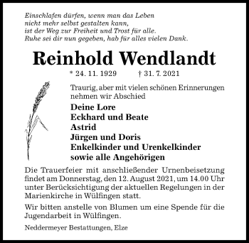 Traueranzeige von Reinhold Wendlandt von Hildesheimer Allgemeine Zeitung