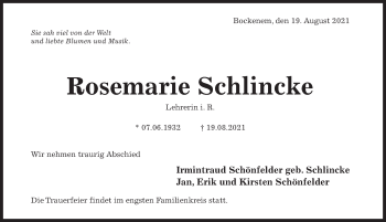 Traueranzeige von Rosemarie Schlincke von Hildesheimer Allgemeine Zeitung