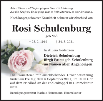 Traueranzeige von Rosi Schulenburg von Hildesheimer Allgemeine Zeitung