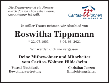 Traueranzeige von Roswitha Tippmann von Hildesheimer Allgemeine Zeitung