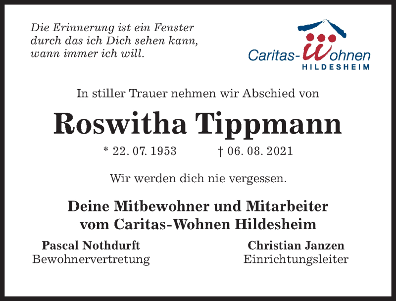  Traueranzeige für Roswitha Tippmann vom 14.08.2021 aus Hildesheimer Allgemeine Zeitung