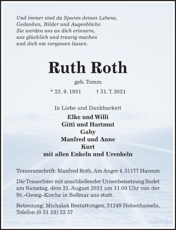 Traueranzeige von Ruth Roth von Hildesheimer Allgemeine Zeitung