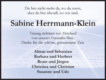 Traueranzeige von Sabine Herrmann-Klein von Hildesheimer Allgemeine Zeitung