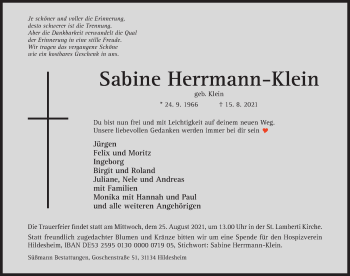 Traueranzeige von Sabine Herrmann-Klein von Hildesheimer Allgemeine Zeitung