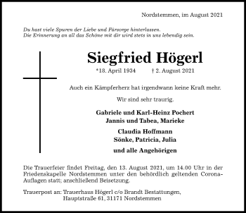 Traueranzeige von Siegfried Högerl von Hildesheimer Allgemeine Zeitung