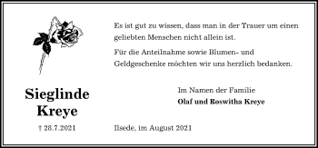 Traueranzeige von Sieglinde Kreye von Hildesheimer Allgemeine Zeitung