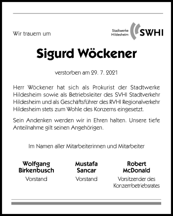 Traueranzeige von Sigurd Wöckener von Hildesheimer Allgemeine Zeitung