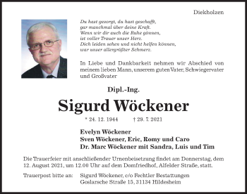 Traueranzeige von Sigurd Wöckener von Hildesheimer Allgemeine Zeitung
