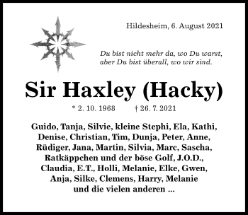 Traueranzeige von Sir Haxley von Hildesheimer Allgemeine Zeitung