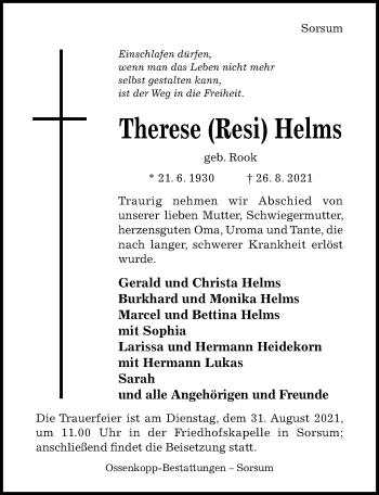 Traueranzeige von Therese Helms von Hildesheimer Allgemeine Zeitung