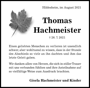Traueranzeige von Thomas Hachmeister von Hildesheimer Allgemeine Zeitung