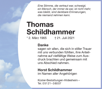 Traueranzeige von Thomas Schildhammer von Hildesheimer Allgemeine Zeitung