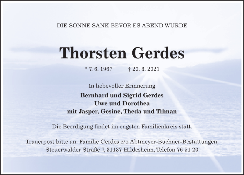  Traueranzeige für Thorsten Gerdes vom 24.08.2021 aus Hildesheimer Allgemeine Zeitung