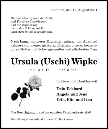 Traueranzeige von Ursula Wipke von Hildesheimer Allgemeine Zeitung