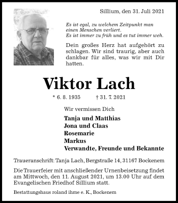 Traueranzeige von Viktor Lach von Hildesheimer Allgemeine Zeitung