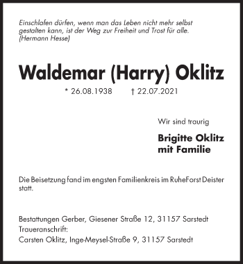 Traueranzeige von Waldemar  Oklitz von Hildesheimer Allgemeine Zeitung