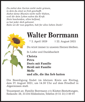 Traueranzeige von Walter Borrmann von Hildesheimer Allgemeine Zeitung