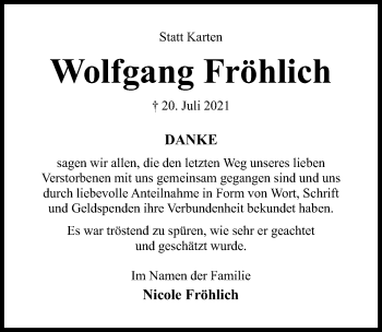 Traueranzeige von Wolfgang Fröhlich von Hildesheimer Allgemeine Zeitung