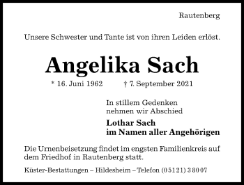 Traueranzeige von Angelika Sach von Hildesheimer Allgemeine Zeitung