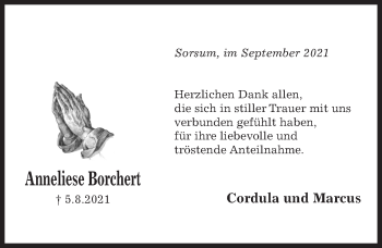Traueranzeige von Anneliese Borchert von Hildesheimer Allgemeine Zeitung