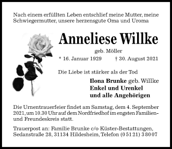 Traueranzeige von Anneliese Willke von Hildesheimer Allgemeine Zeitung