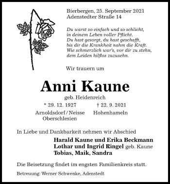 Traueranzeige von Anni Kaune von Hildesheimer Allgemeine Zeitung